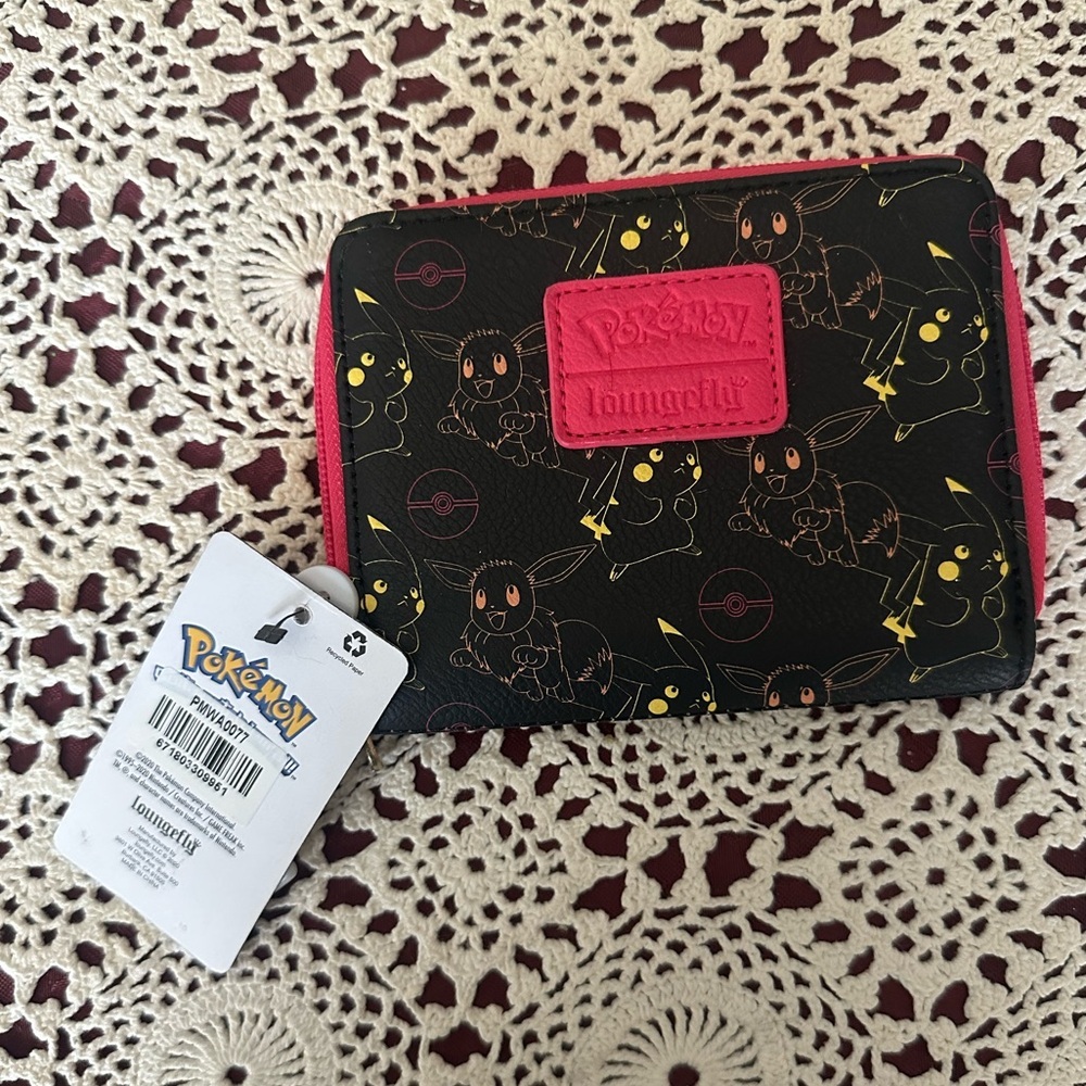 Loungefly Pokemon PIKACHU and EEVEE WALLET Black and Hot Pink New With Tags